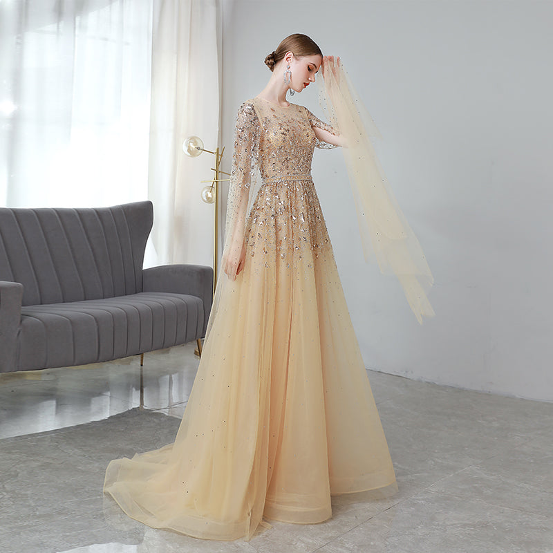 Grey Blue Gold High End Flying Sleeve Long Evening Dress by Rebecca Fashion.