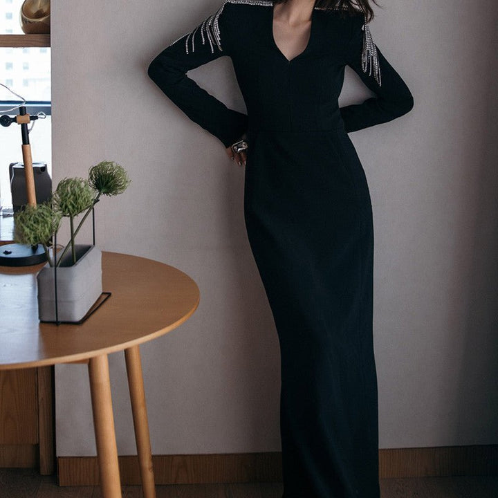 Long Sleeve Slimming Black Evening Dress - Rebecca Fashion