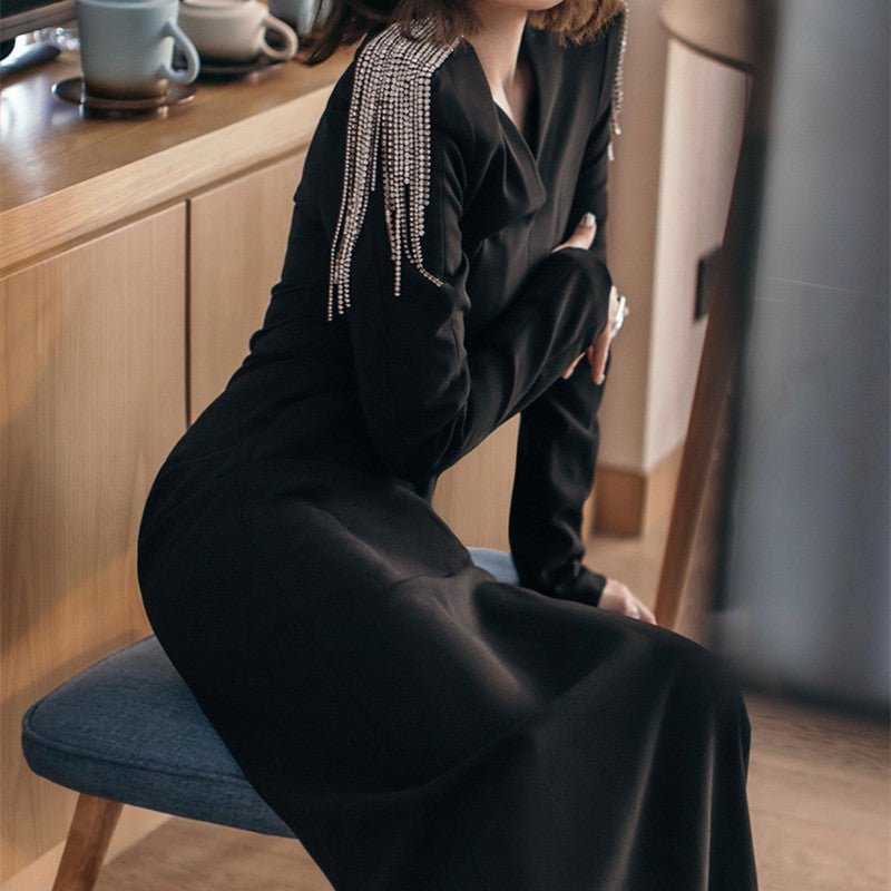 Long Sleeve Slimming Black Evening Dress - Rebecca Fashion