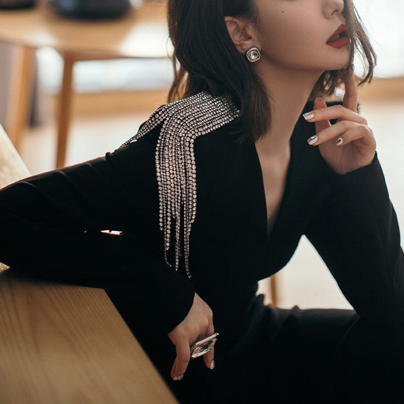 Long Sleeve Slimming Black Evening Dress - Rebecca Fashion