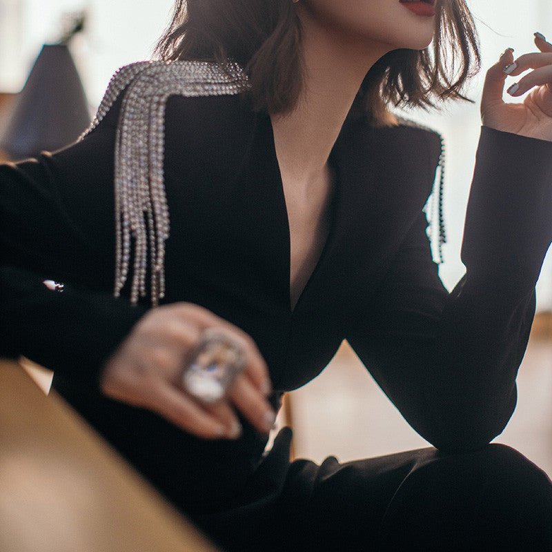 Long Sleeve Slimming Black Evening Dress - Rebecca Fashion